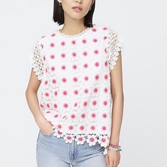 J. Crew Tops - NWOT J.Crew Embroidered Lace Pink White Floral Top Blouse Shirt Size SMALL